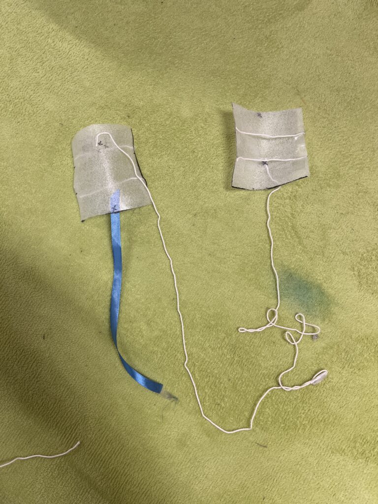 リボンのしっぽが付いたものと付いていないものが紐でつながれている凧（たこ）