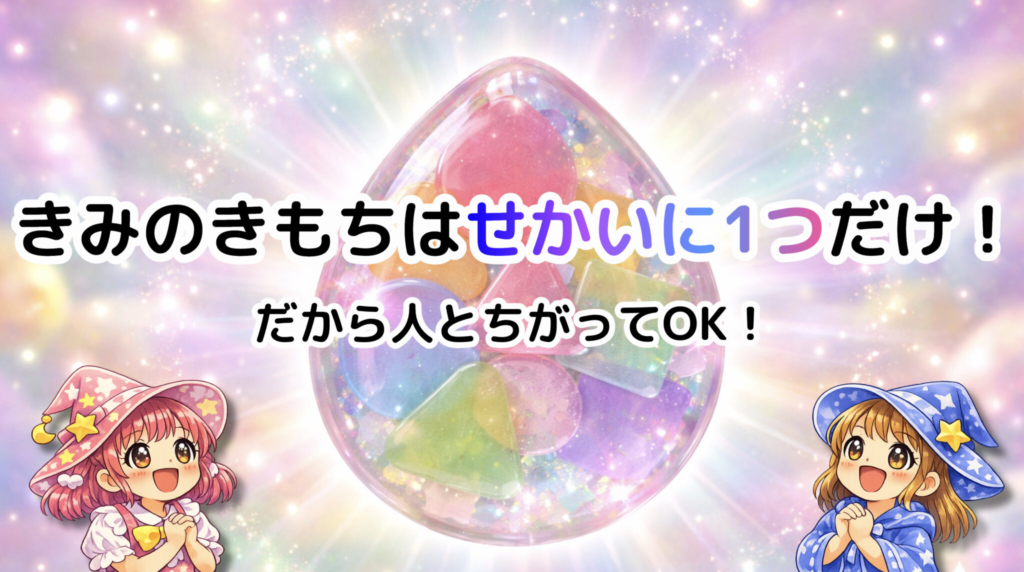 きみのきもちはせかいに1つだけ、だから人とちがってOK!というメッセージが入った、ボンボンドロップ風シール作りの紹介スライド