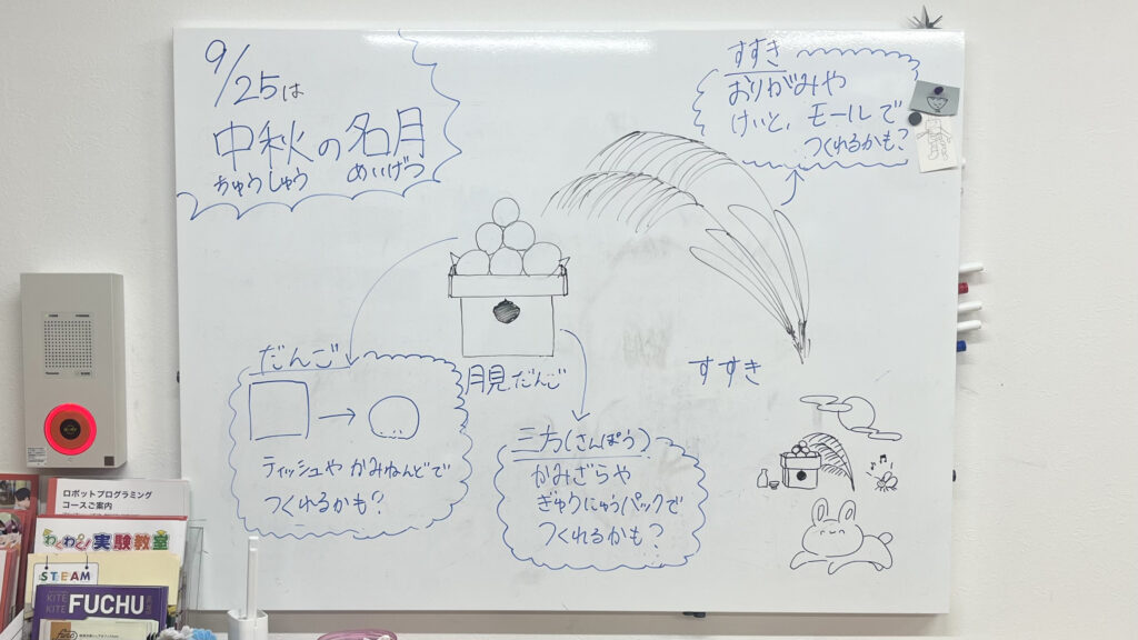 中秋の名月の月見だんご・三方・すすきを何で作れるか、材料のアイデアを書いたホワイトボード
