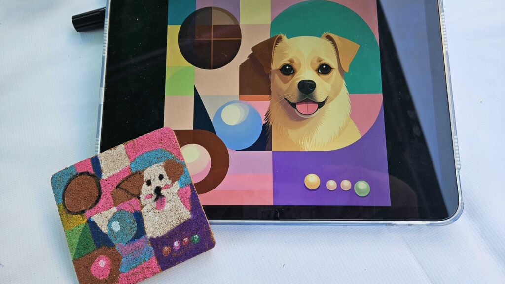 AIで作った幾何学模様を転写し、ニスで仕上げた子どもの手作りコースター