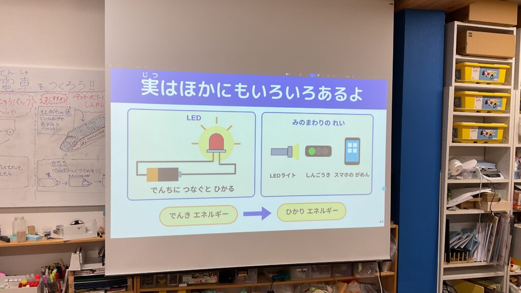 小学生向け実験教室で、LEDを例に電気エネルギーが光エネルギーに変わる仕組みを学ぶ授業風景